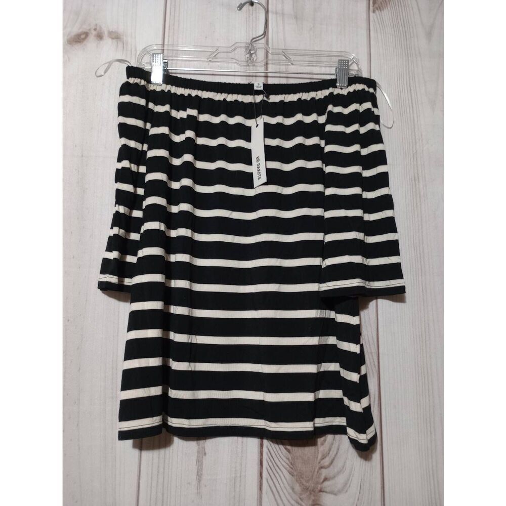 BB‎ Dakota Shirt Ladies Small Black White Stripe Off Shoulder Short Sleeve